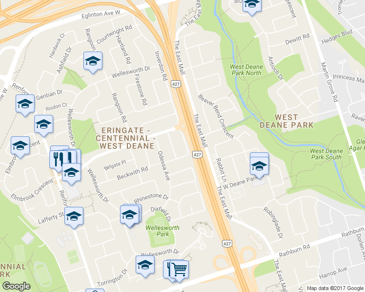 map of restaurants, bars, coffee shops, grocery stores, and more near 14 Inverdon Road in Toronto