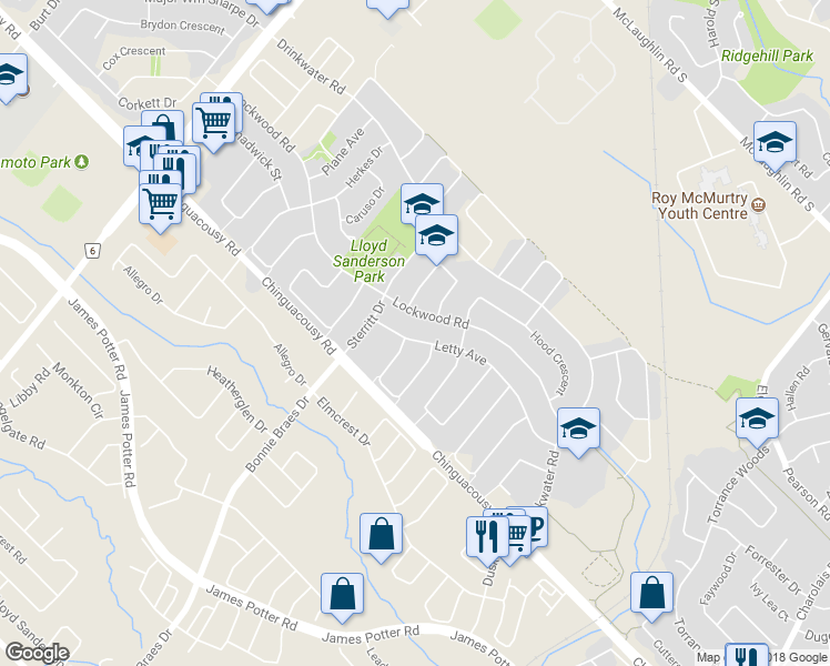 map of restaurants, bars, coffee shops, grocery stores, and more near 115 Letty Avenue in Brampton