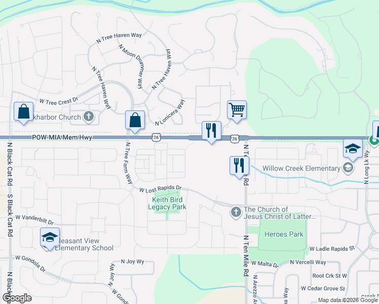 map of restaurants, bars, coffee shops, grocery stores, and more near 3651 West Sand Wedge Street in Meridian