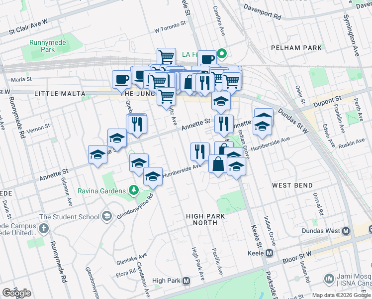 map of restaurants, bars, coffee shops, grocery stores, and more near 299 Pacific Avenue in Toronto