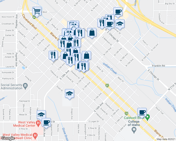map of restaurants, bars, coffee shops, grocery stores, and more near 398 South 12th Avenue in Caldwell