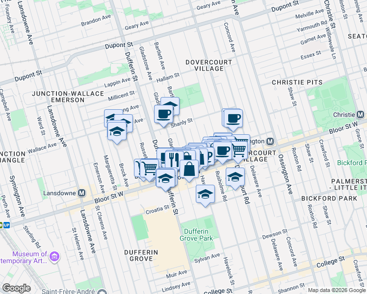 map of restaurants, bars, coffee shops, grocery stores, and more near 50 Bartlett Avenue in Toronto