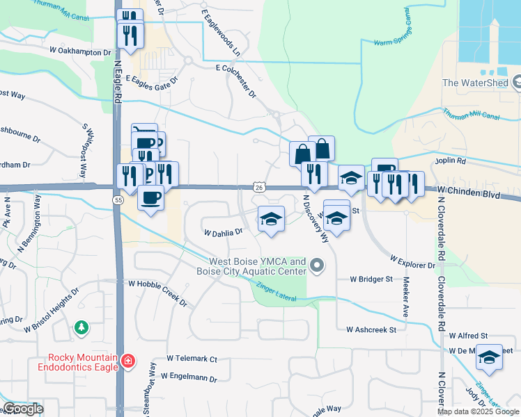 map of restaurants, bars, coffee shops, grocery stores, and more near 6392 North Park Meadow Way in Boise