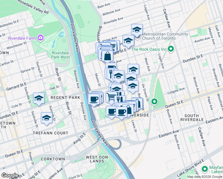 map of restaurants, bars, coffee shops, grocery stores, and more near 226 Broadview Avenue in Toronto