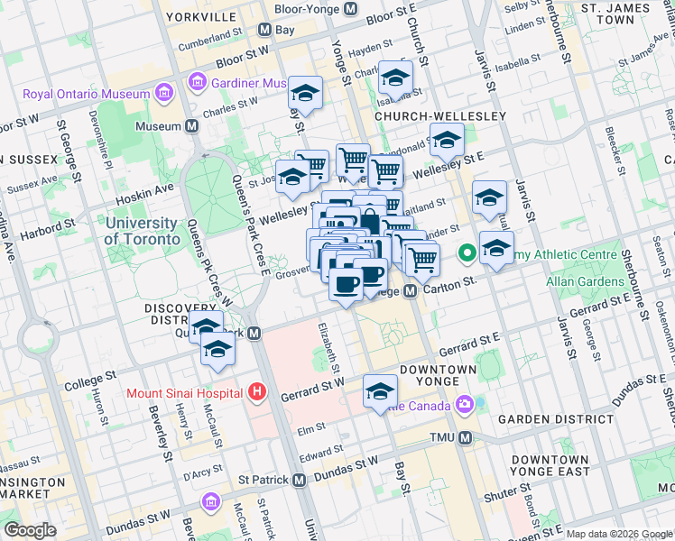 map of restaurants, bars, coffee shops, grocery stores, and more near 832 Bay Street in Toronto