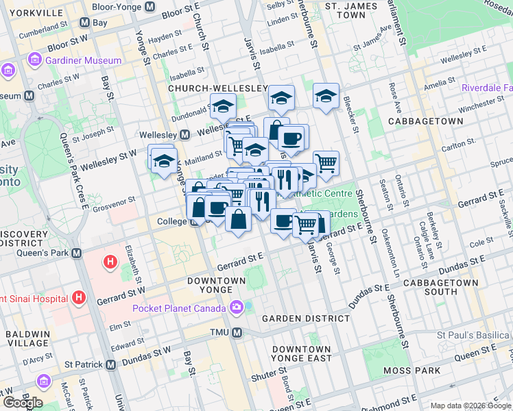 map of restaurants, bars, coffee shops, grocery stores, and more near 411 Church Street in Toronto