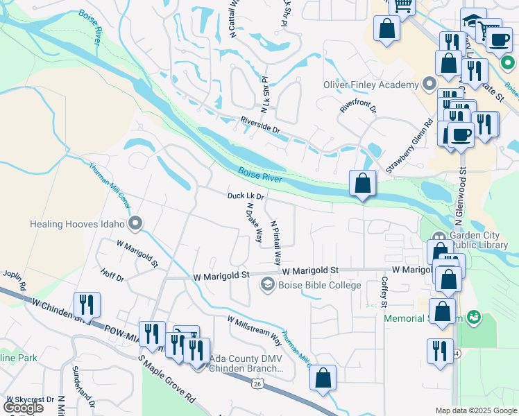 map of restaurants, bars, coffee shops, grocery stores, and more near 6201 North Pintail Way in Boise