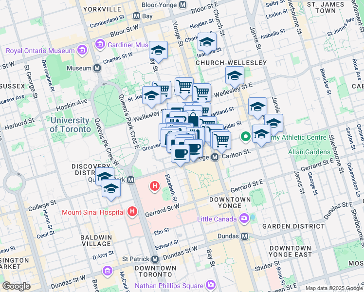 map of restaurants, bars, coffee shops, grocery stores, and more near 831 Bay Street in Toronto