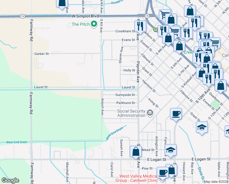 map of restaurants, bars, coffee shops, grocery stores, and more near 314 Sunnyside Drive in Caldwell
