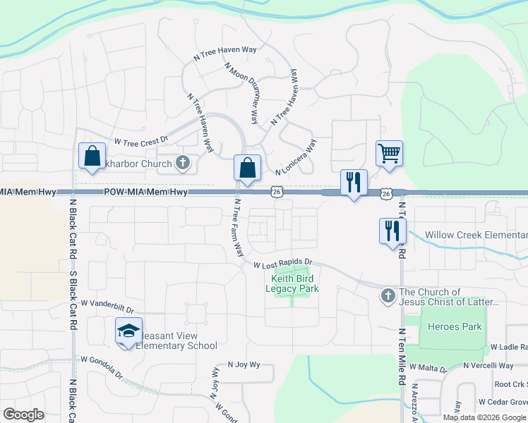 map of restaurants, bars, coffee shops, grocery stores, and more near 3867 West Silver River Street in Meridian