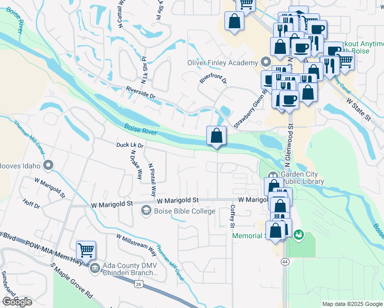 map of restaurants, bars, coffee shops, grocery stores, and more near 8540 West Atwater Drive in Boise