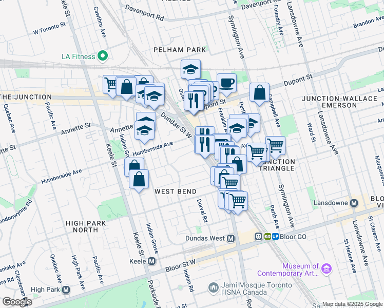 map of restaurants, bars, coffee shops, grocery stores, and more near 19 Kenneth Avenue in Toronto
