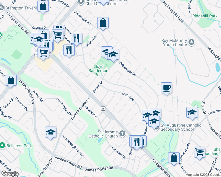 map of restaurants, bars, coffee shops, grocery stores, and more near 115 Letty Avenue in Brampton