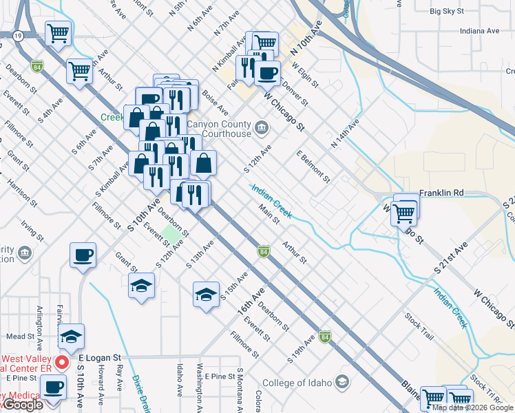 map of restaurants, bars, coffee shops, grocery stores, and more near 1309 Arthur Street in Caldwell