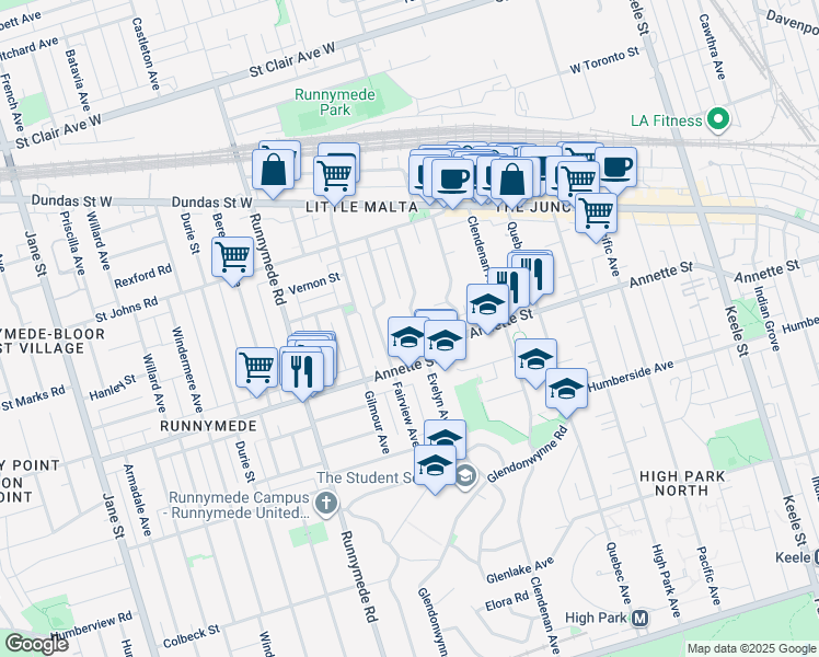 map of restaurants, bars, coffee shops, grocery stores, and more near 230 Evelyn Avenue in Toronto
