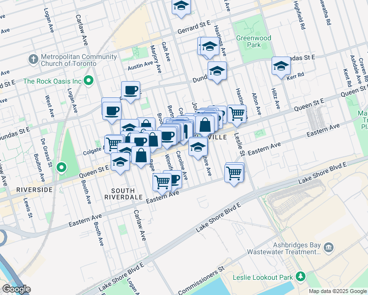 map of restaurants, bars, coffee shops, grocery stores, and more near in Toronto