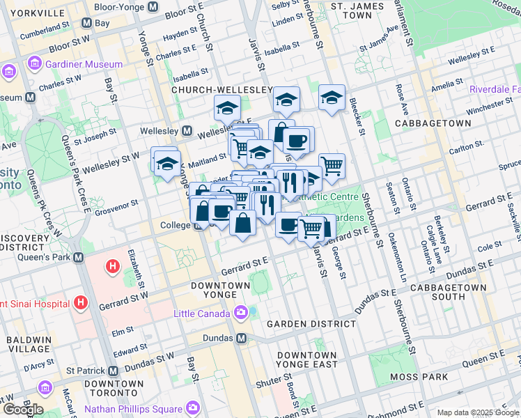 map of restaurants, bars, coffee shops, grocery stores, and more near 70 Carlton Street in Toronto