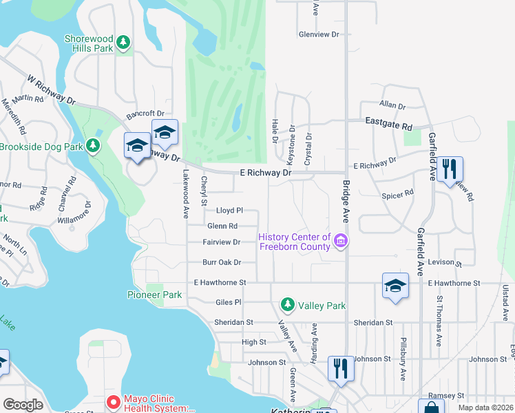 map of restaurants, bars, coffee shops, grocery stores, and more near 327 Lloyd Place in Albert Lea