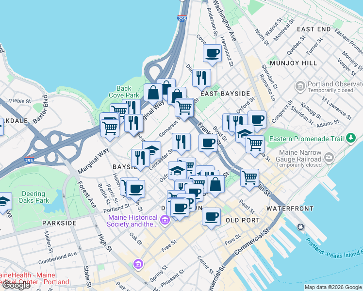 map of restaurants, bars, coffee shops, grocery stores, and more near 184 Pearl Street in Portland