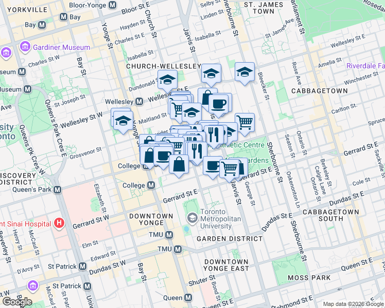 map of restaurants, bars, coffee shops, grocery stores, and more near 403 Church Street in Toronto