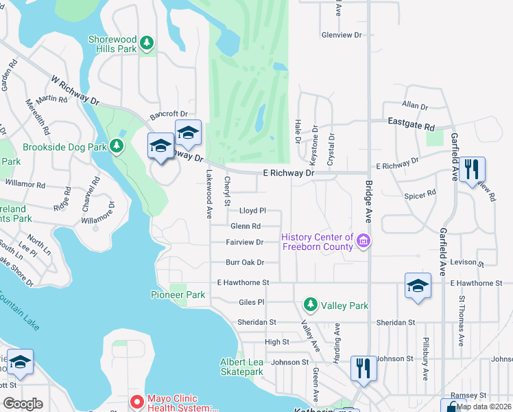 map of restaurants, bars, coffee shops, grocery stores, and more near 313 Lloyd Place in Albert Lea