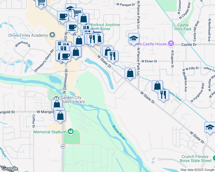 map of restaurants, bars, coffee shops, grocery stores, and more near 4570 Savannah Lane in Garden City