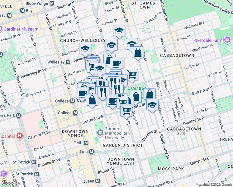 map of restaurants, bars, coffee shops, grocery stores, and more near 40 McClear Place in Toronto