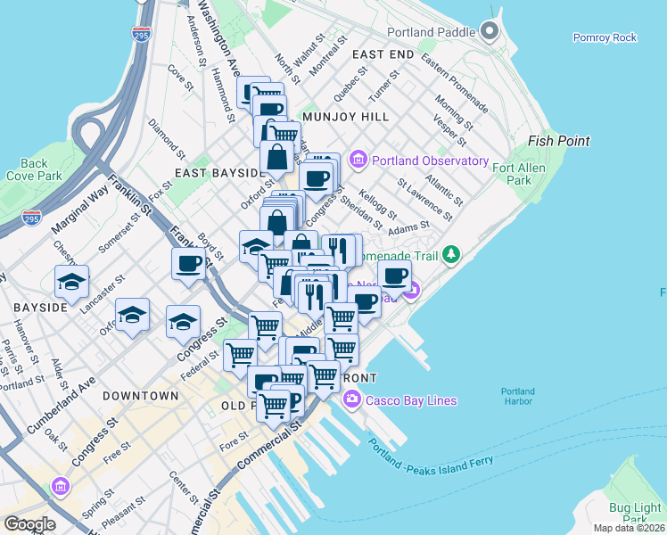 map of restaurants, bars, coffee shops, grocery stores, and more near 49 Hancock Street in Portland