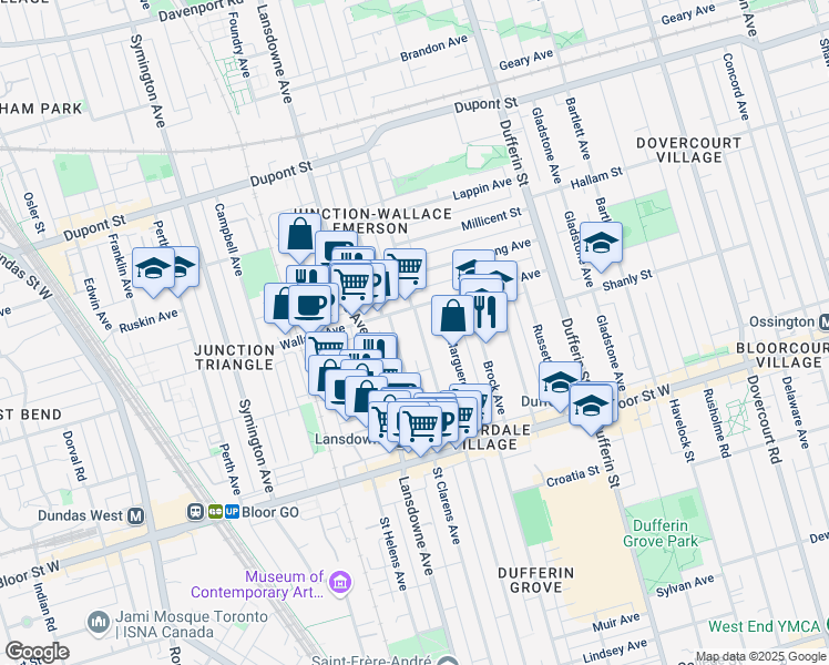 map of restaurants, bars, coffee shops, grocery stores, and more near in Toronto
