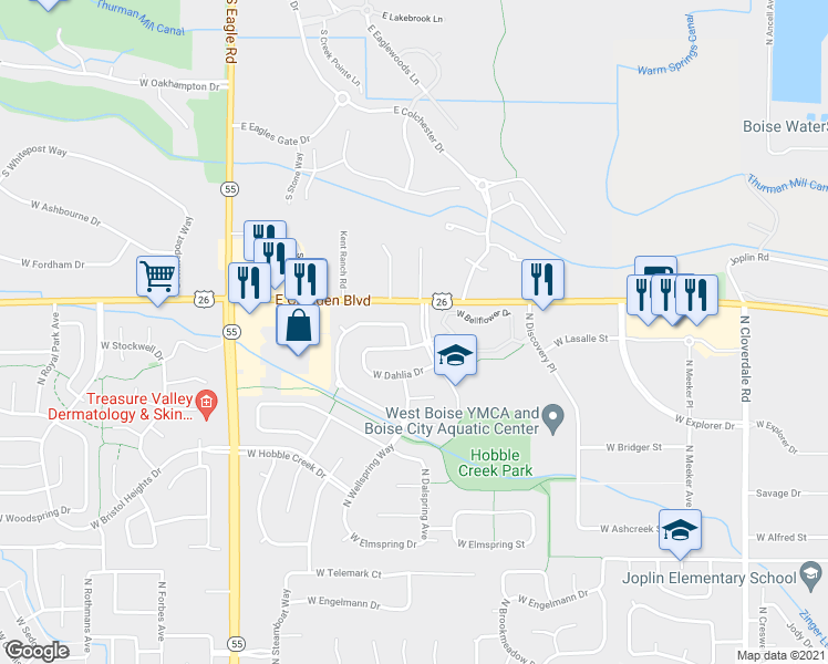 map of restaurants, bars, coffee shops, grocery stores, and more near 13232 West Bluebell Drive in Boise