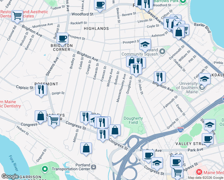 map of restaurants, bars, coffee shops, grocery stores, and more near 140 Bolton Street in Portland