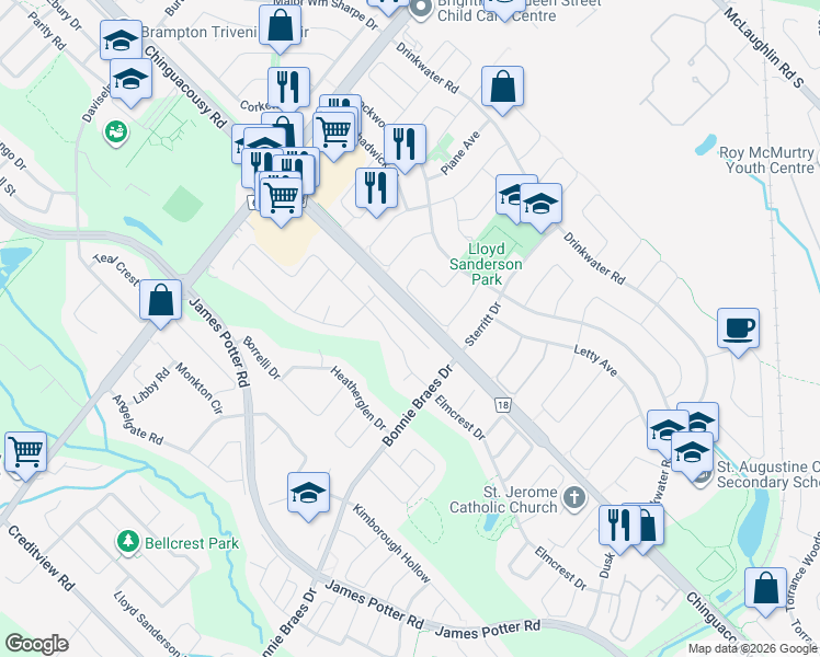map of restaurants, bars, coffee shops, grocery stores, and more near 8794 Chinguacousy Road in Brampton