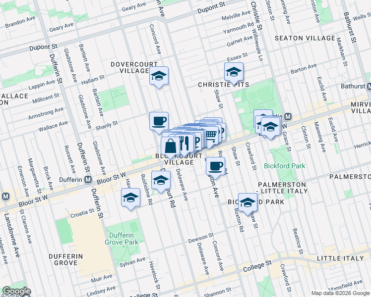 map of restaurants, bars, coffee shops, grocery stores, and more near 300 Concord Avenue in Toronto
