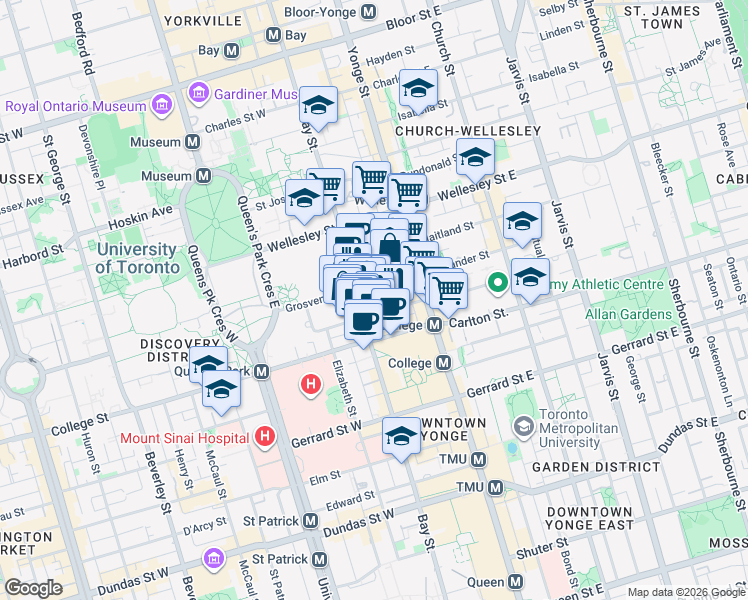 map of restaurants, bars, coffee shops, grocery stores, and more near 38 Grenville Street in Toronto
