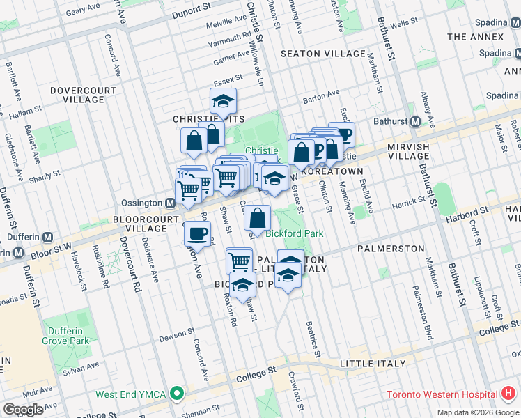 map of restaurants, bars, coffee shops, grocery stores, and more near 466 Montrose Avenue in Toronto