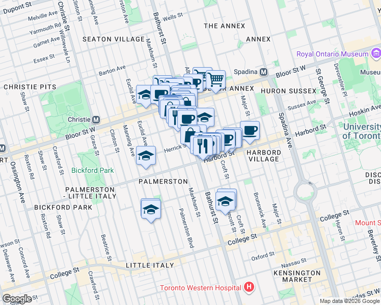 map of restaurants, bars, coffee shops, grocery stores, and more near 686 Bathurst Street in Toronto