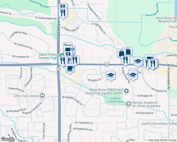 map of restaurants, bars, coffee shops, grocery stores, and more near 13393 West Bluebell Drive in Boise