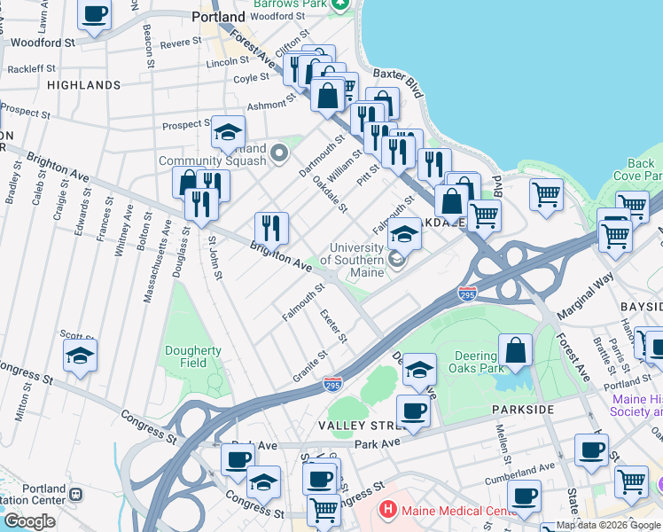 map of restaurants, bars, coffee shops, grocery stores, and more near 260 Deering Avenue in Portland