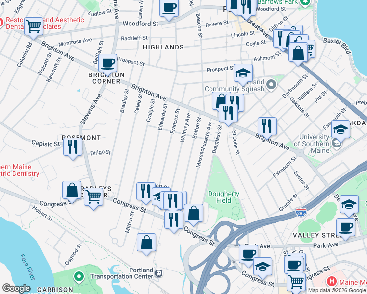 map of restaurants, bars, coffee shops, grocery stores, and more near 140 Bolton Street in Portland