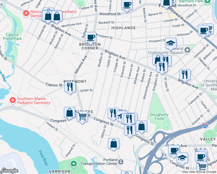 map of restaurants, bars, coffee shops, grocery stores, and more near 102 Craigie Street in Portland