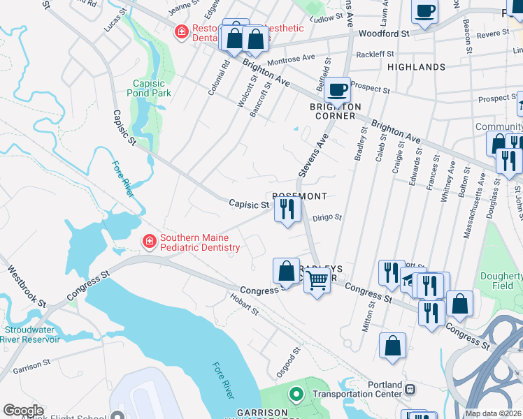 map of restaurants, bars, coffee shops, grocery stores, and more near 49 Frost Street in Portland