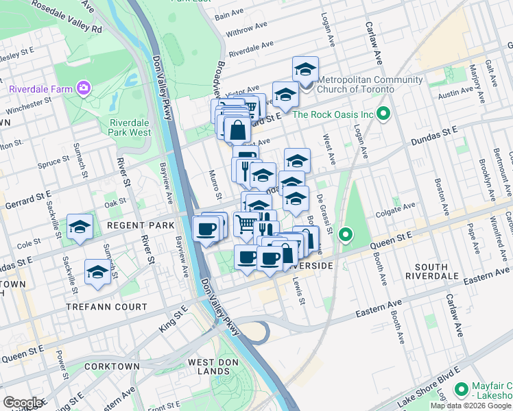 map of restaurants, bars, coffee shops, grocery stores, and more near in Toronto
