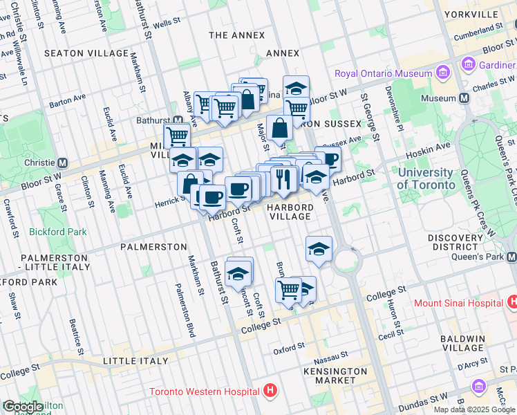 map of restaurants, bars, coffee shops, grocery stores, and more near in Toronto