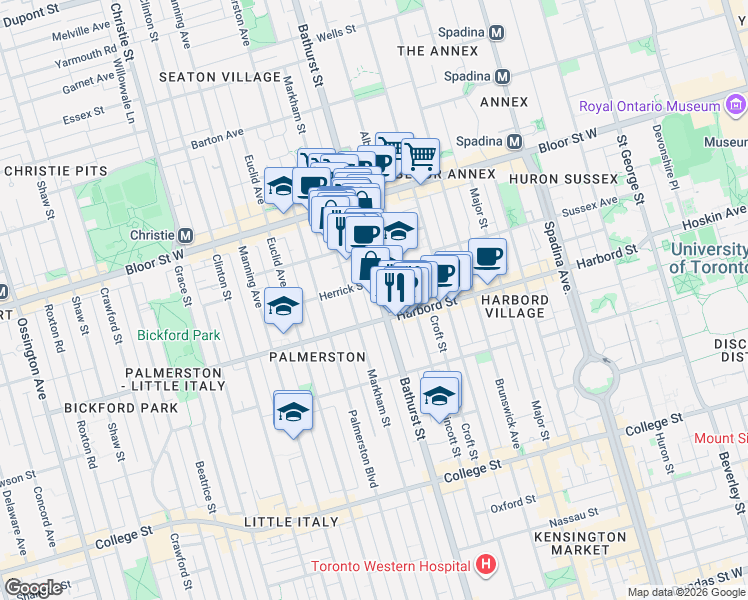 map of restaurants, bars, coffee shops, grocery stores, and more near in Toronto