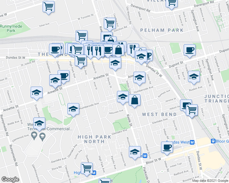 map of restaurants, bars, coffee shops, grocery stores, and more near in Toronto