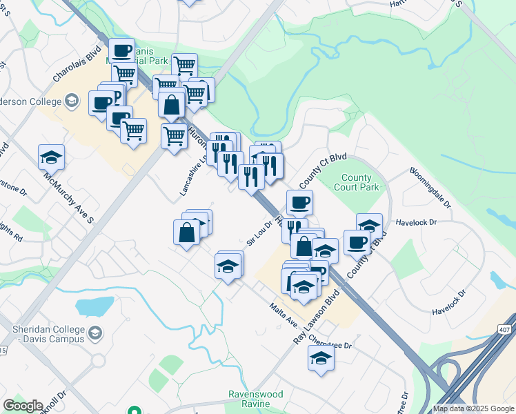map of restaurants, bars, coffee shops, grocery stores, and more near 2 County Court Boulevard in Brampton