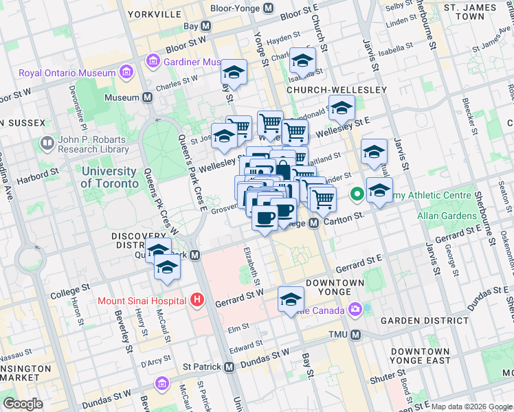 map of restaurants, bars, coffee shops, grocery stores, and more near 832 Bay Street in Toronto