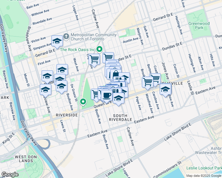 map of restaurants, bars, coffee shops, grocery stores, and more near 100 Colgate Avenue in Toronto