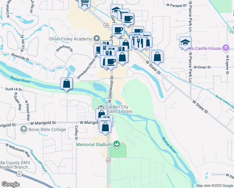 map of restaurants, bars, coffee shops, grocery stores, and more near 7699 Riverside Drive in Garden City