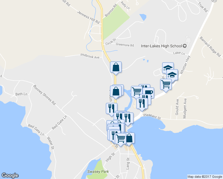 map of restaurants, bars, coffee shops, grocery stores, and more near Plymouth Street in Meredith